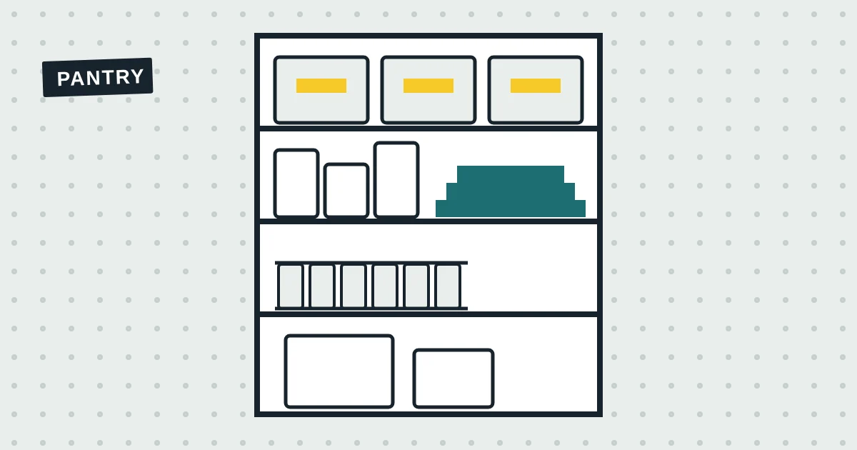 Illustration of a small pantry cabinet with labeled bins on top, airtight containers and a tiered riser at eye level, a can rack below and a rack on the door